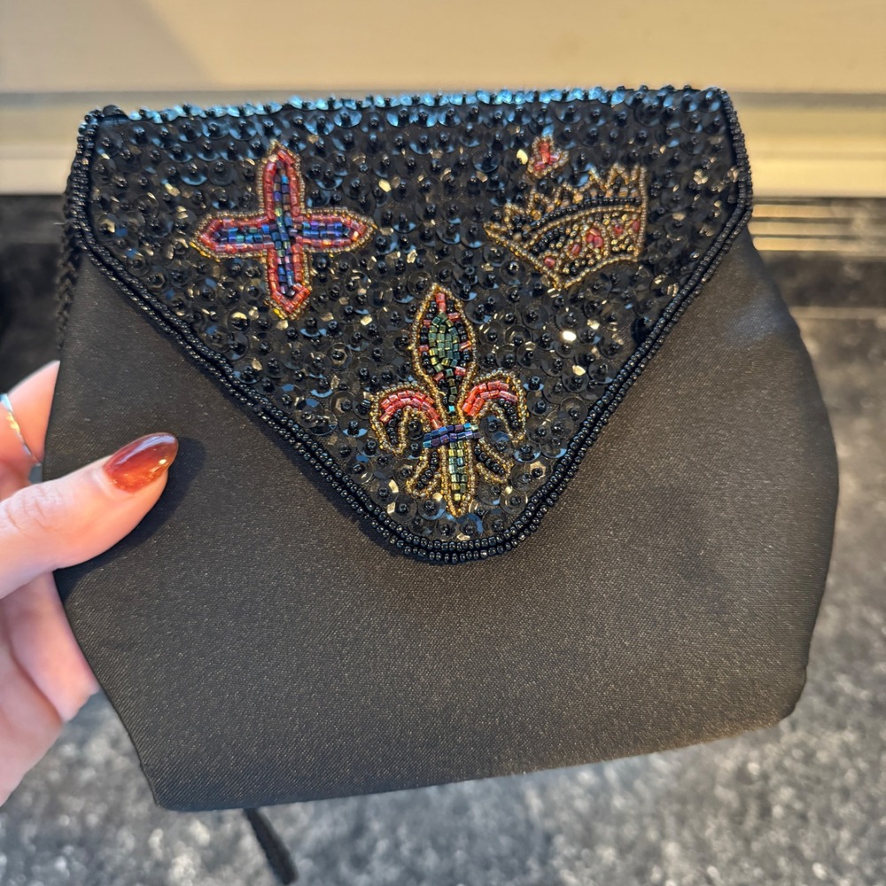 Vintage Black Satin Beaded Evening Bag Crown Fleur De Lis Cross‎ Crossbody Purse